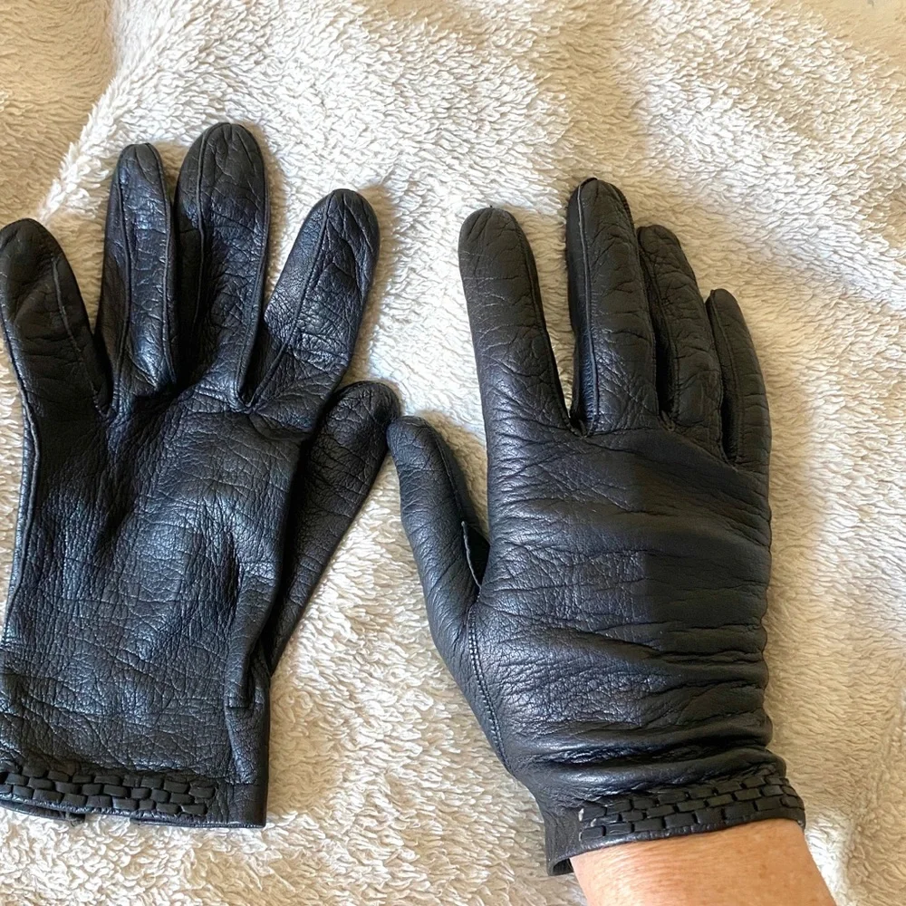 Vintage driving gloves black pebbled leather 60s braided hand ladies Women’s 7